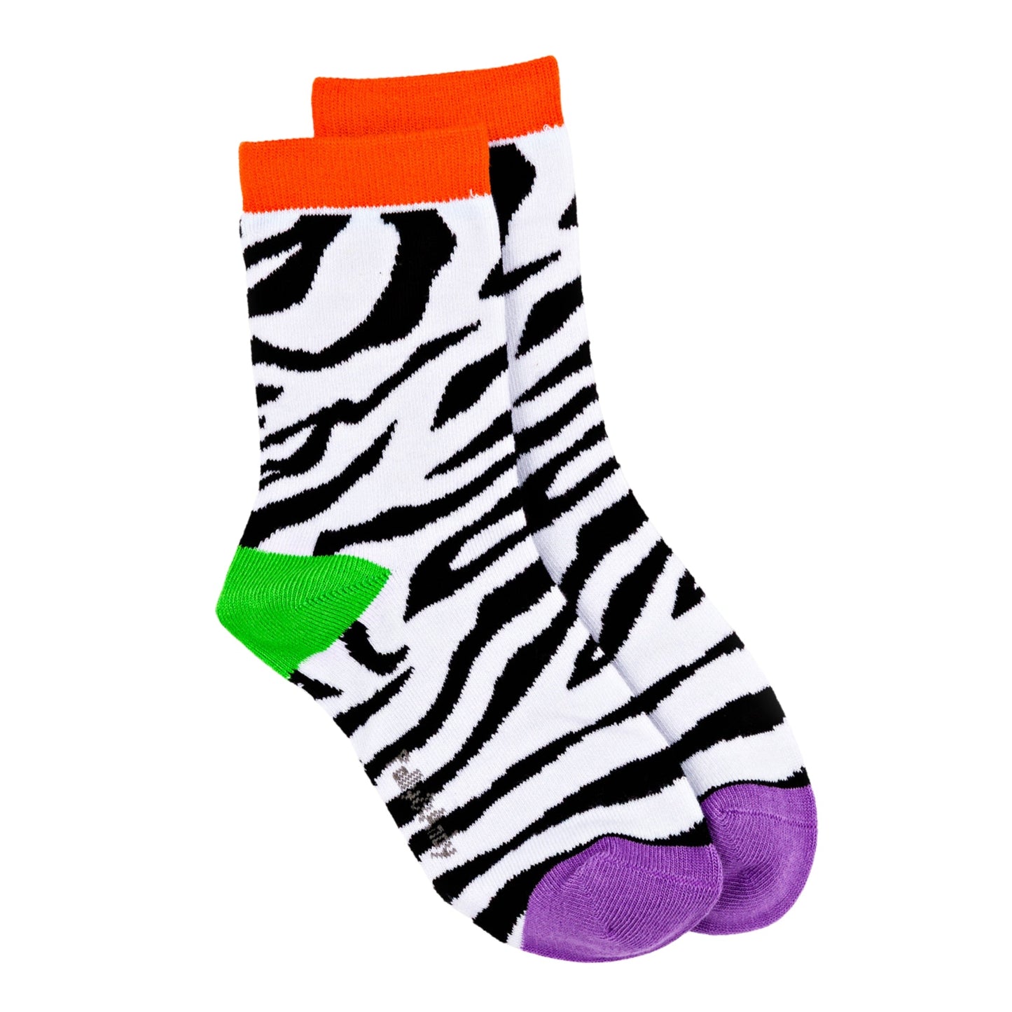Zebra pattern sock with orange cuff and purple toes on a white background