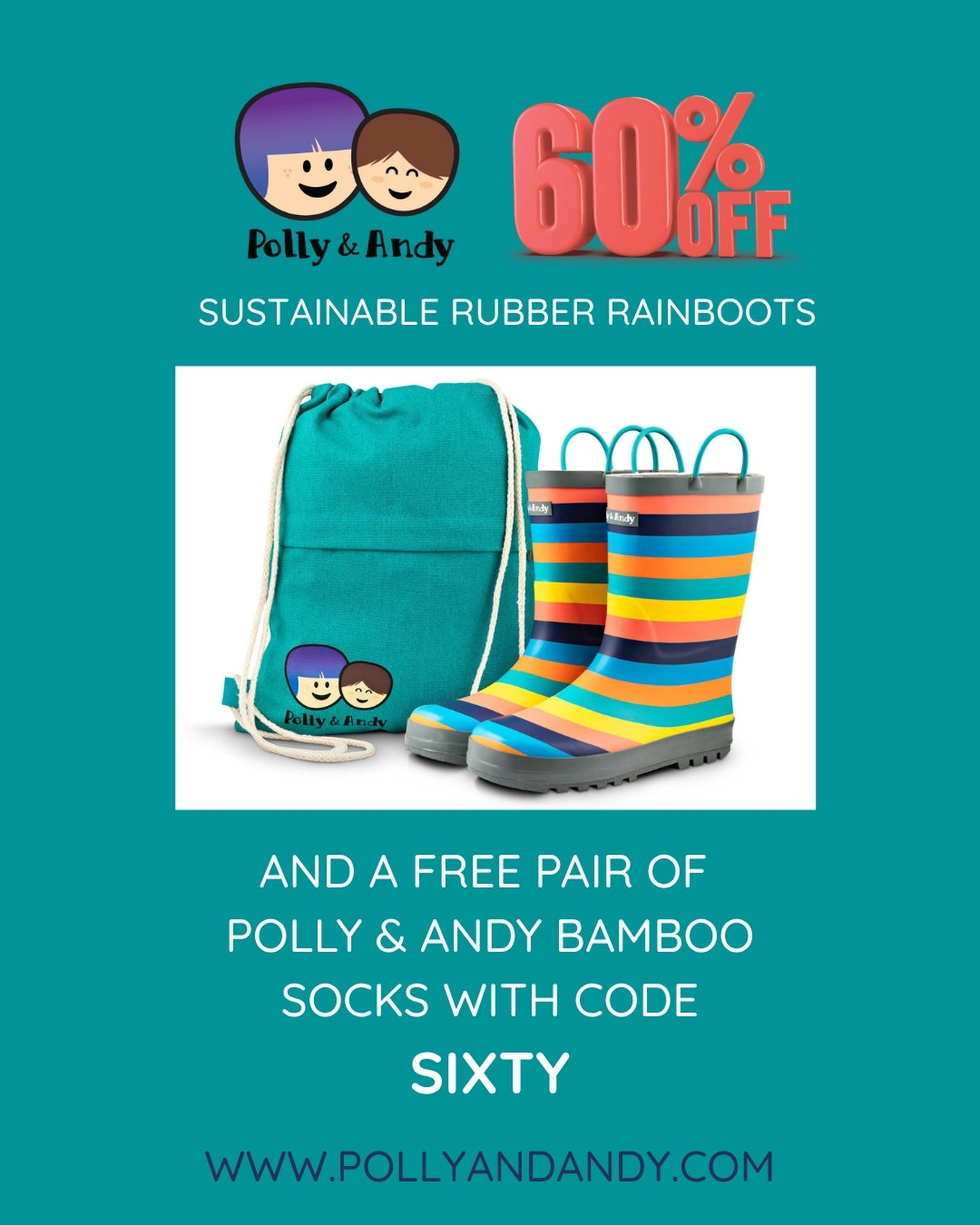 Sustainable Rainboots which Includes a FREE canvas carry bag - 60% off with code SIXTY