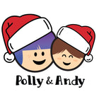 Two cartoon faces wearing Santa hats with the text 'Polly & Andy' below on a white background.