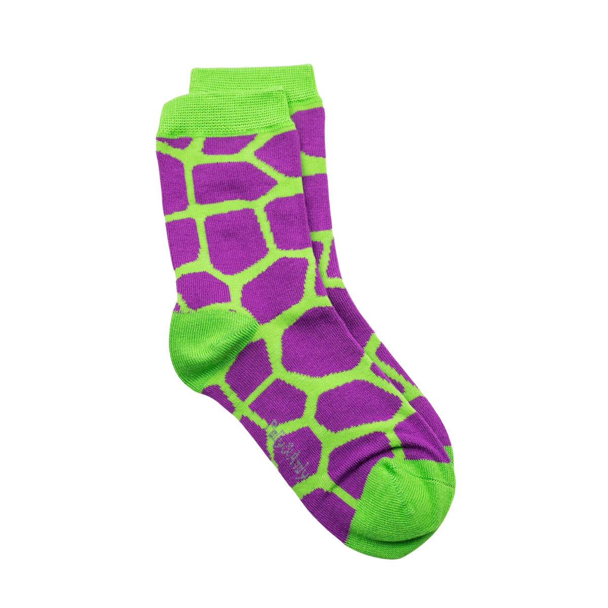 A pair of seamless bamboo crew socks featuring a purple and bright green giraffe-like spot pattern, with solid green ribbed cuffs, heels, and toes, displayed on a clean white background.