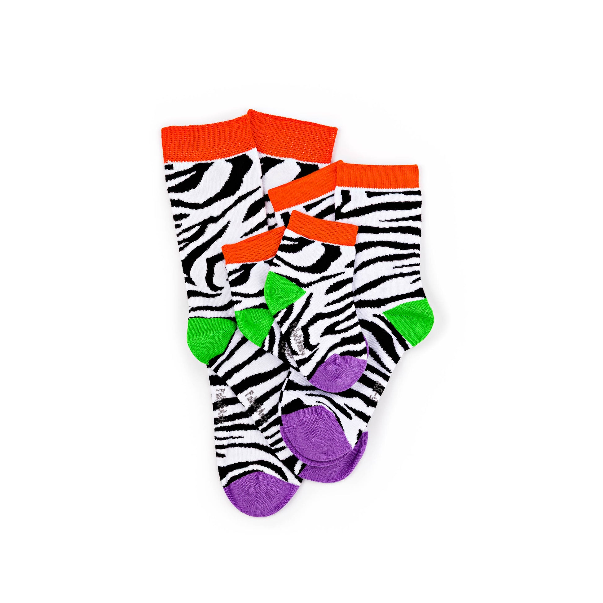 Pair of zebra-striped socks with colorful accents on a white background