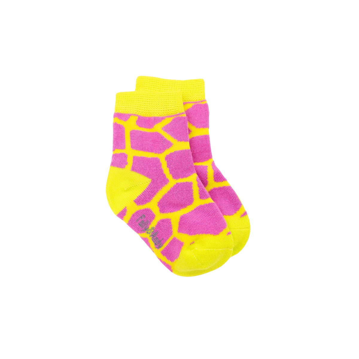 A pair of seamless soft top baby bamboo crew socks with a bright pink and neon yellow giraffe-print pattern, featuring a neon yellow cuff, heel, toe, and sole, shown against a plain white background.