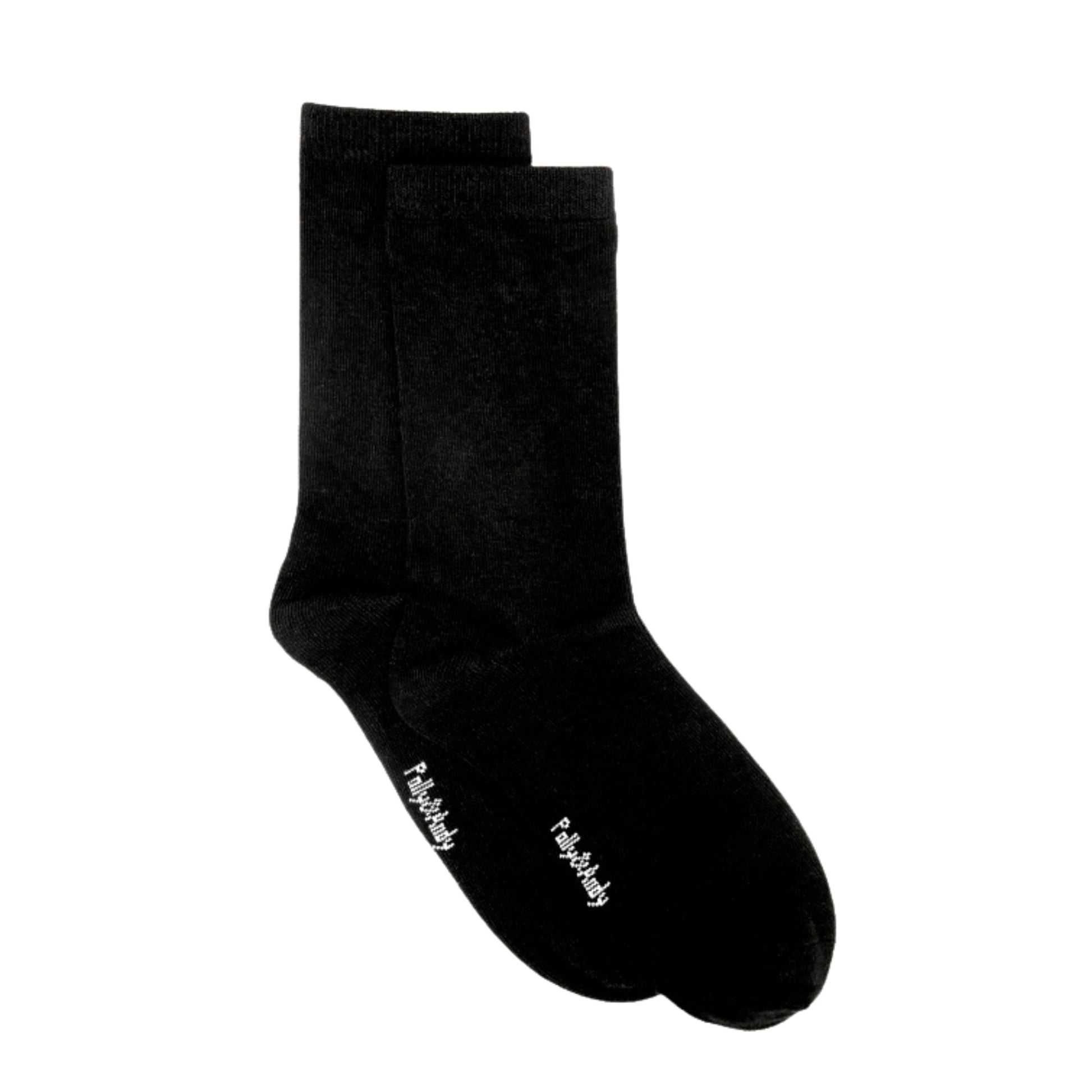 Two black bamboo socks with a brand logo on a white background