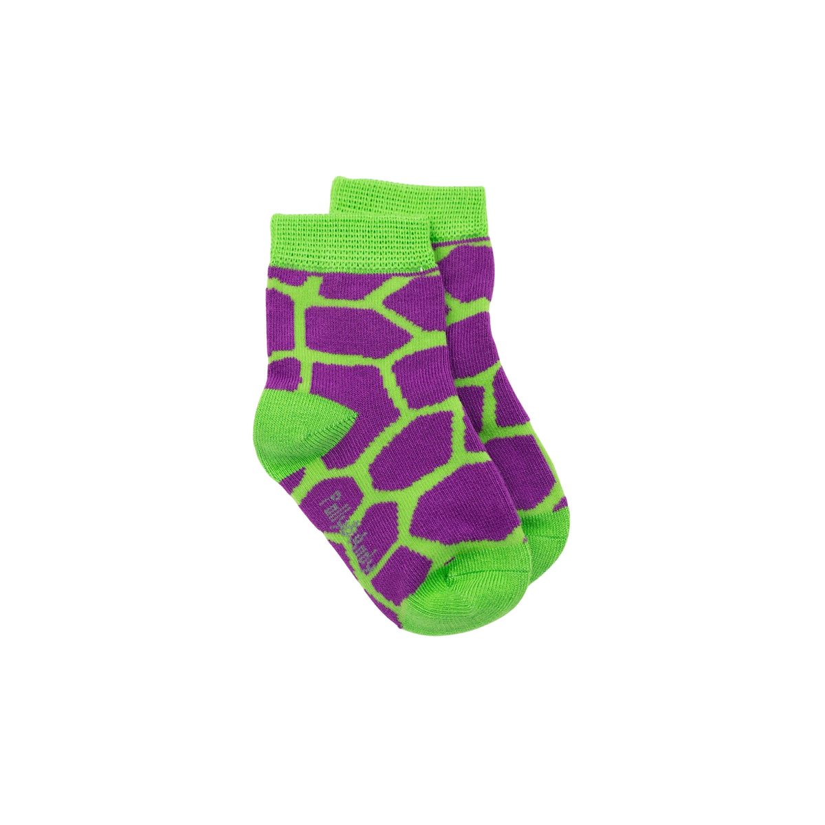 A pair of seamless bamboo crew socks featuring a purple and bright green giraffe-like spot pattern, with solid green ribbed cuffs, heels, and toes, displayed on a clean white background.