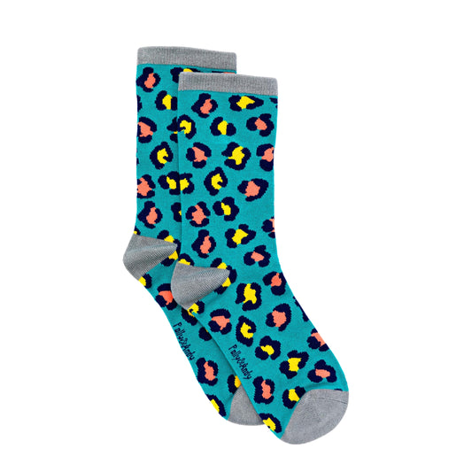 Teal Leopard Bamboo Sock (seamless toe)