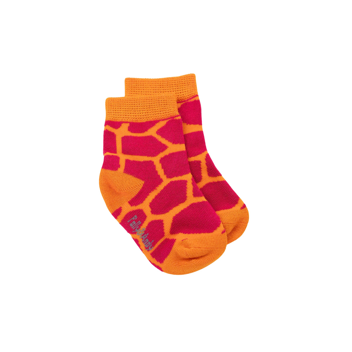 A pair of crew  toddler bamboo seamless socks featuring a giraffe-inspired pattern with bright orange and red sections, shown against a plain white background.