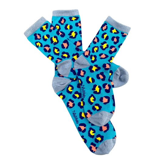 Teal Leopard Bamboo Sock (seamless toe)