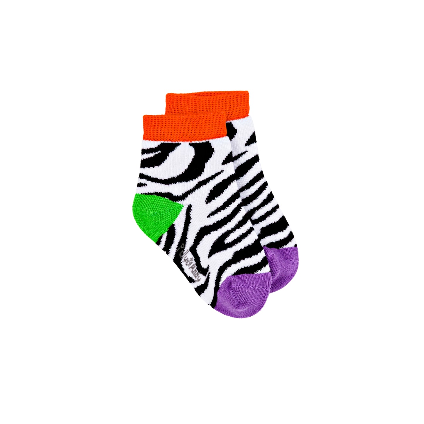 Colorful zebra-striped socks with orange top and purple toes on a white background
