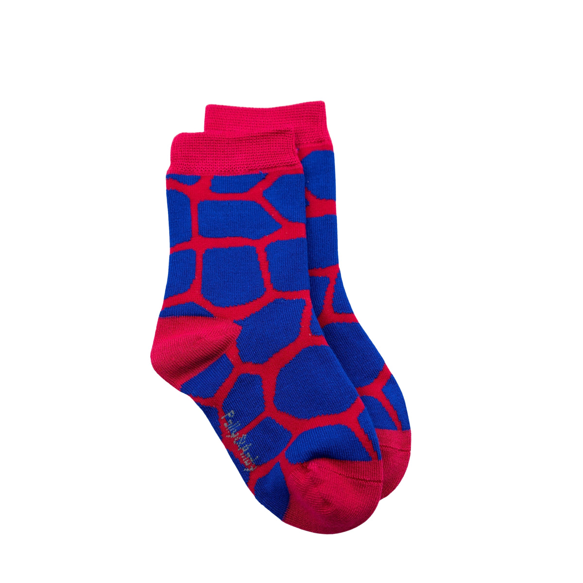 A pair of kids seamless bamboo crew socks featuring a bold blue and red giraffe-like abstract pattern, with solid red cuffs, toes, and heels, displayed against a plain white background.