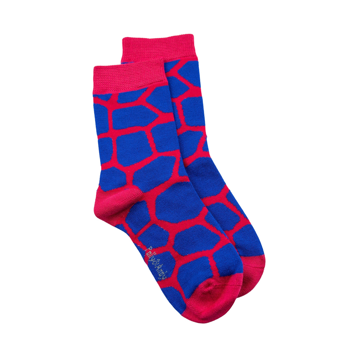 A pair of small adult seamless bamboo crew socks featuring a bold blue and red giraffe-like abstract pattern, with solid red cuffs, toes, and heels, displayed against a plain white background.