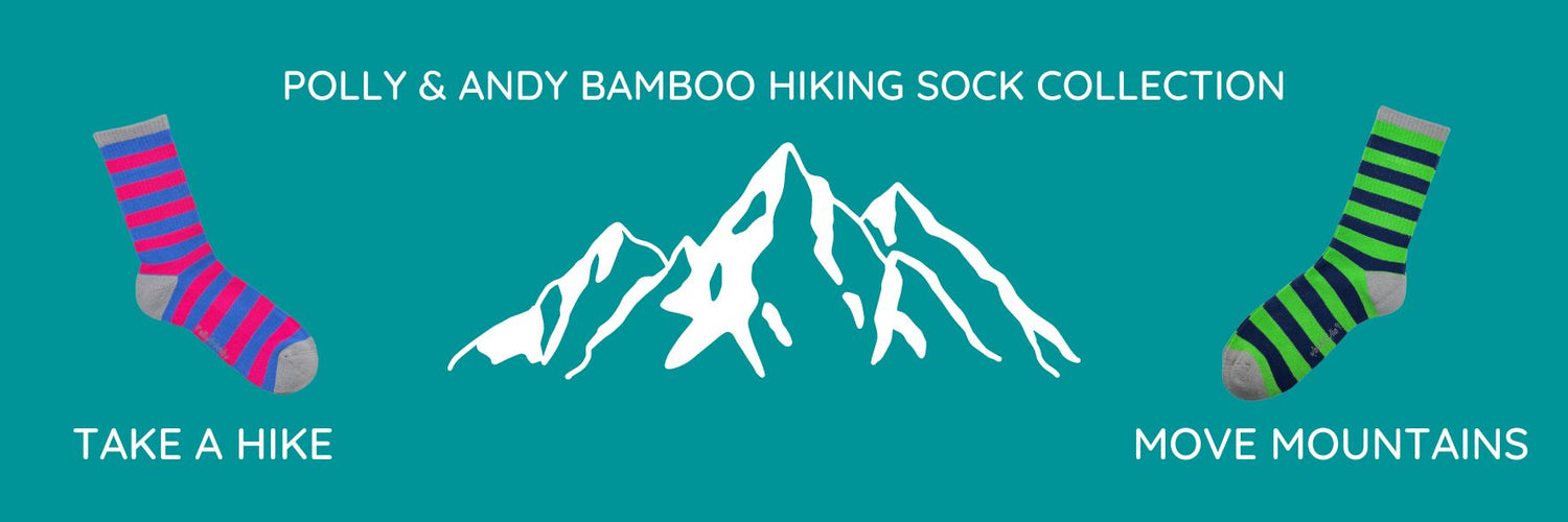 Polly & Andy bamboo hiking sock picture with mountain 