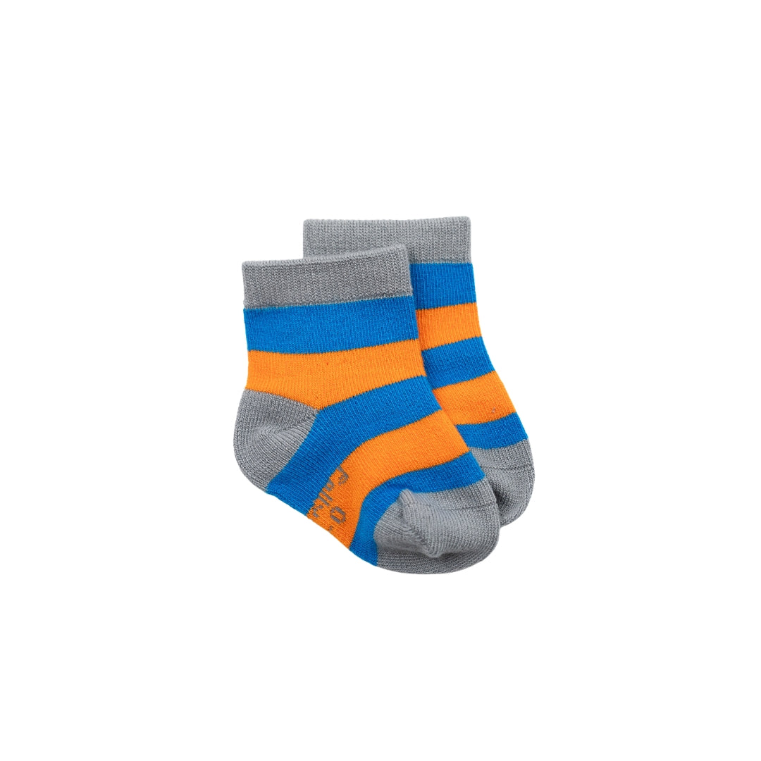 A pair of baby bamboo socks with horizontal stripes of gray, blue, and orange, displayed against a solid white background.