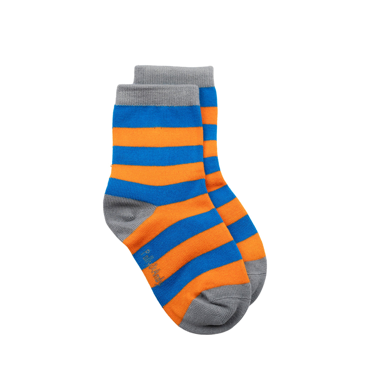 A pair of kids bamboo socks with horizontal stripes of orange and blue, featuring solid gray cuffs, heels, and toes, displayed against a plain white background.