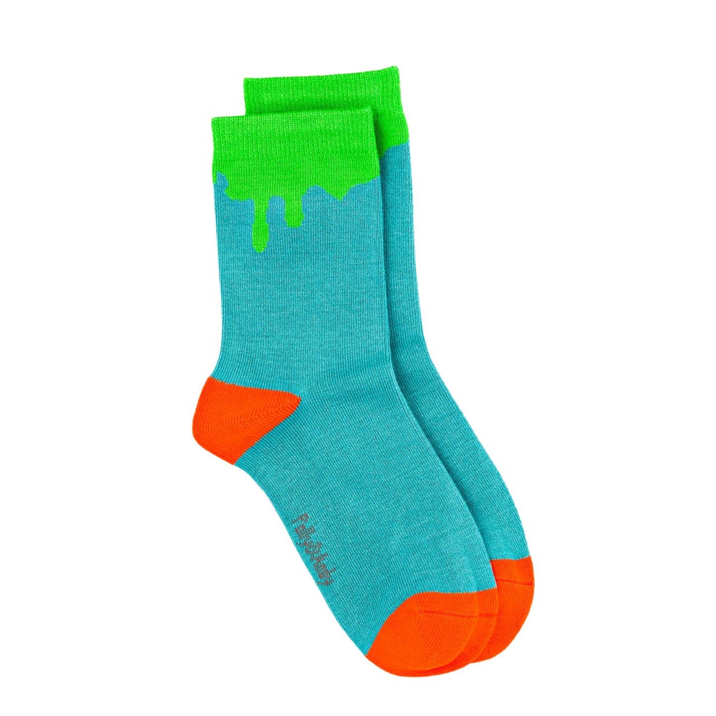 Colorful socks with green top, blue body, and orange toes on a white background