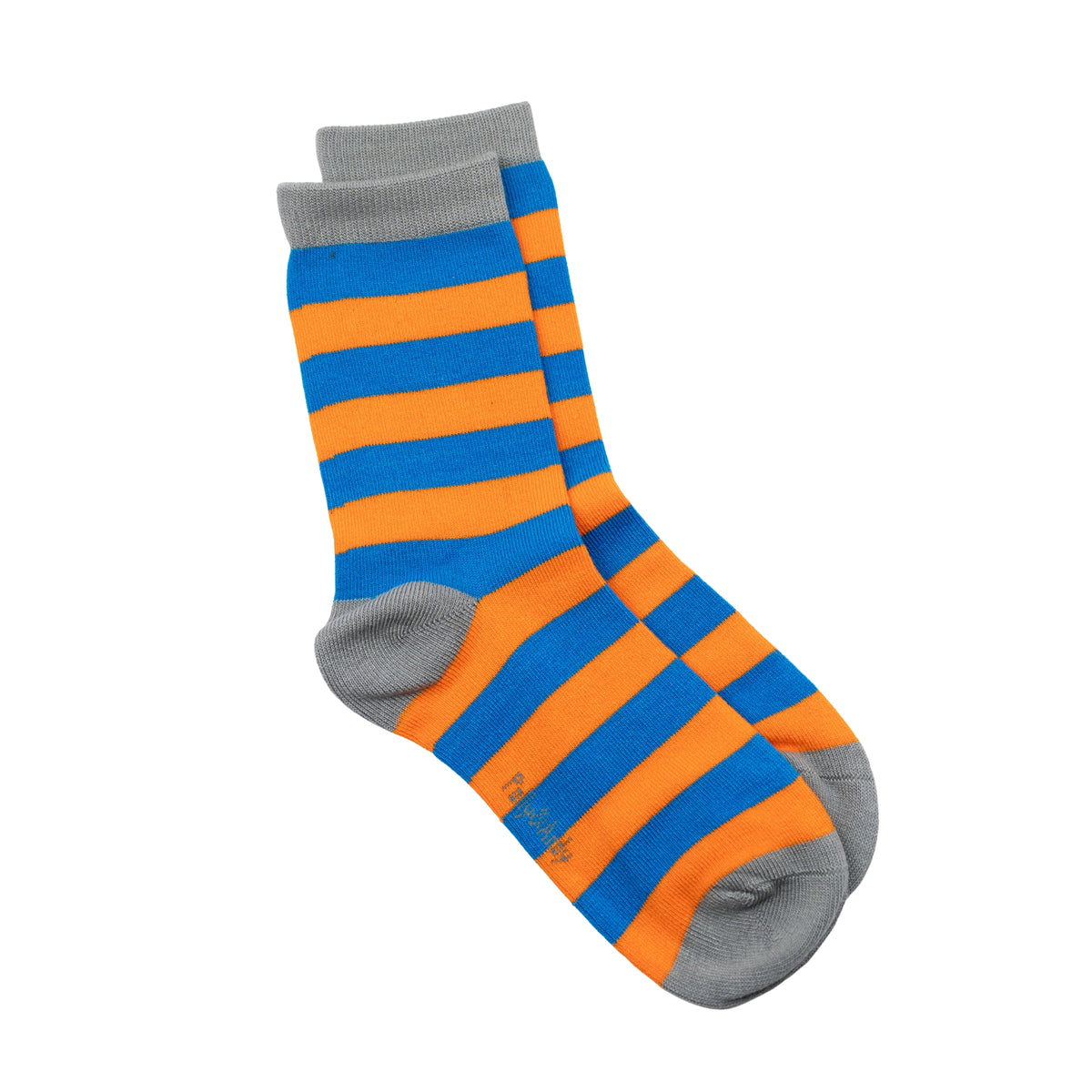 A pair of crew bamboo socks with alternating horizontal stripes of bright blue and orange, finished with solid gray cuffs, heels, and toes, shown on a plain white background.