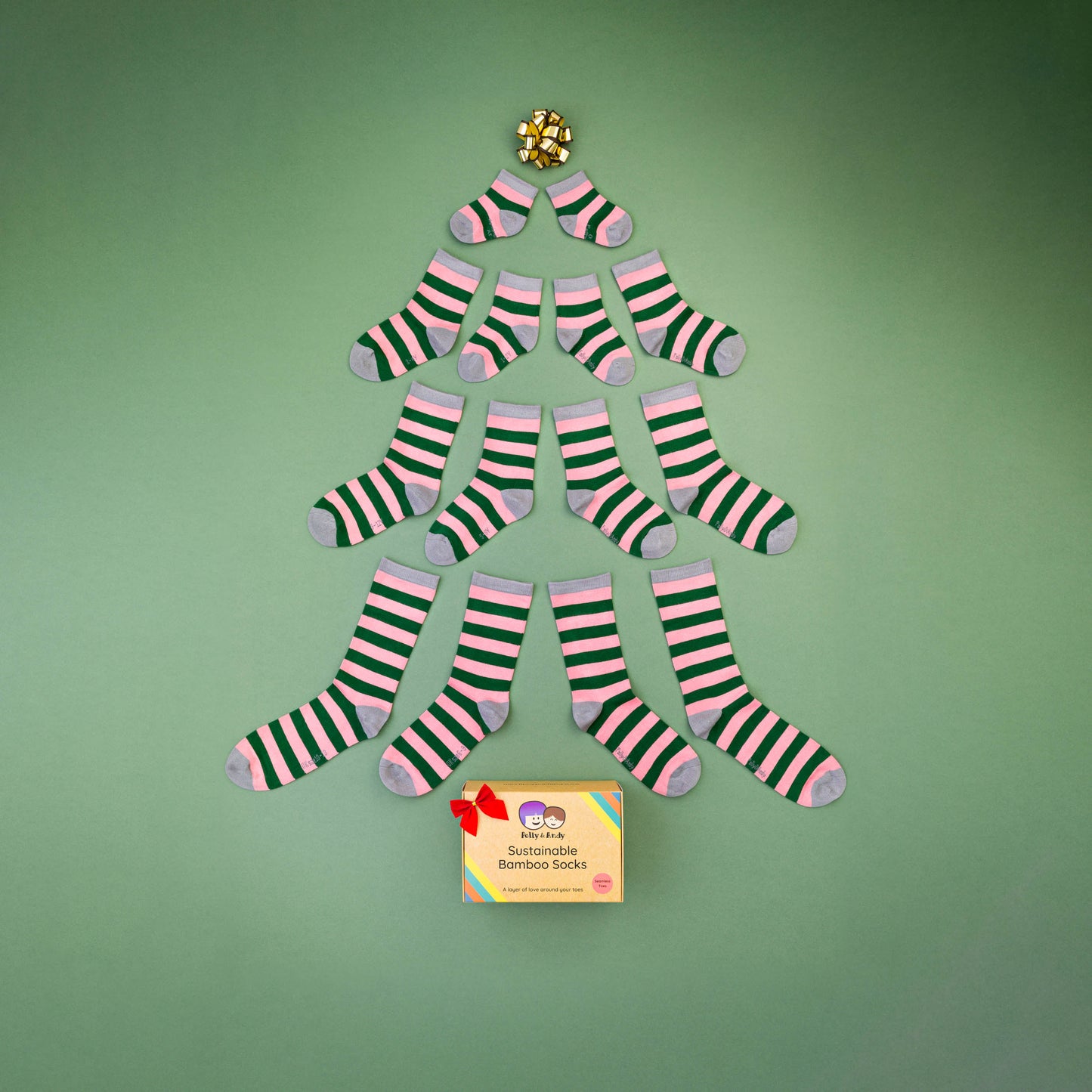 Christmas Pink & Green Stripe Bamboo Sock (seamless toe)
