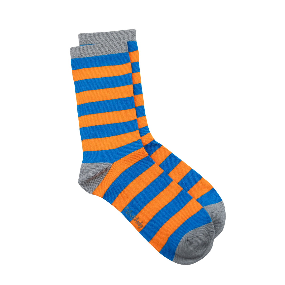 A pair of crew bamboo socks with alternating bright blue and orange horizontal stripes, finished with solid gray cuffs, heels, and toes, shown on a plain white background.