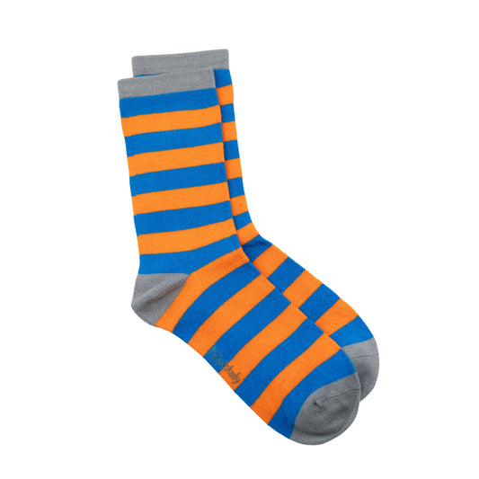 A pair of crew bamboo socks with alternating bright blue and orange horizontal stripes, finished with solid gray cuffs, heels, and toes, shown on a plain white background.