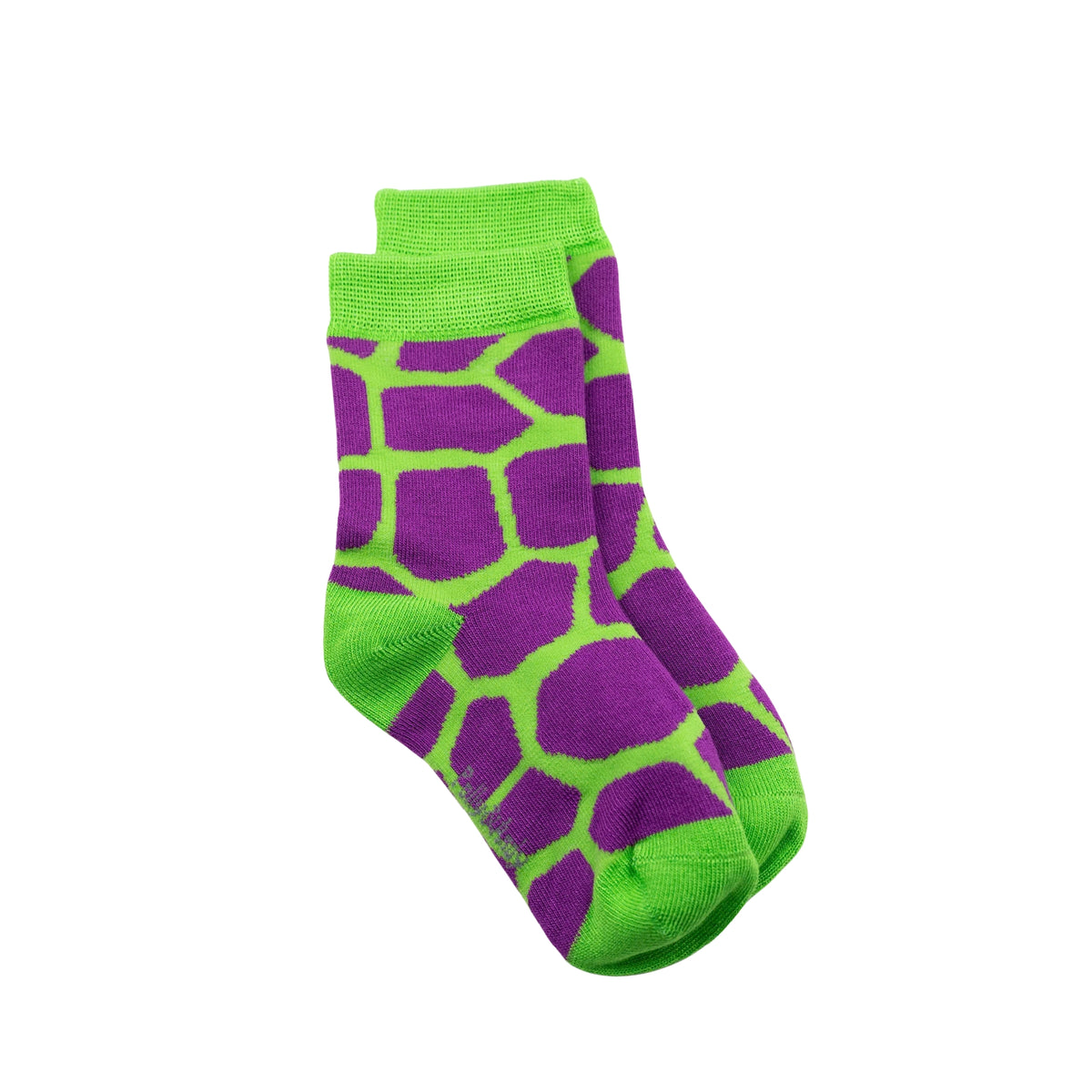 A pair of  kids seamless bamboo crew socks featuring a purple and bright green giraffe-like spot pattern, with solid green ribbed cuffs, heels, and toes, displayed on a clean white background.