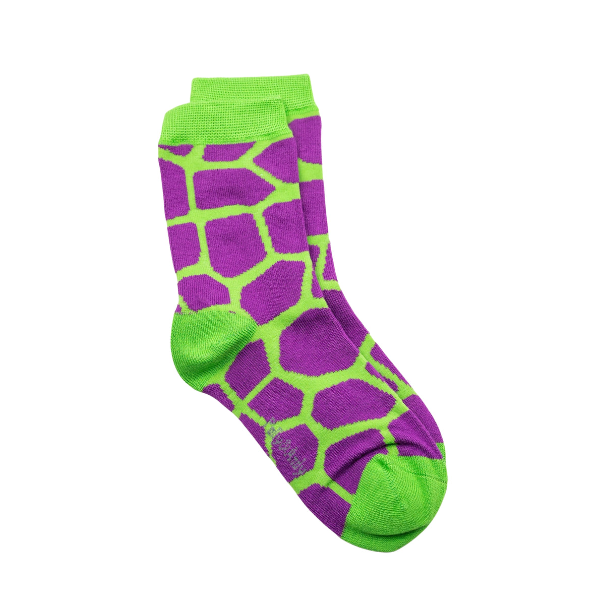 A pair of seamless bamboo crew socks featuring a purple and bright green giraffe-like spot pattern, with solid green ribbed cuffs, heels, and toes, displayed on a clean white background.