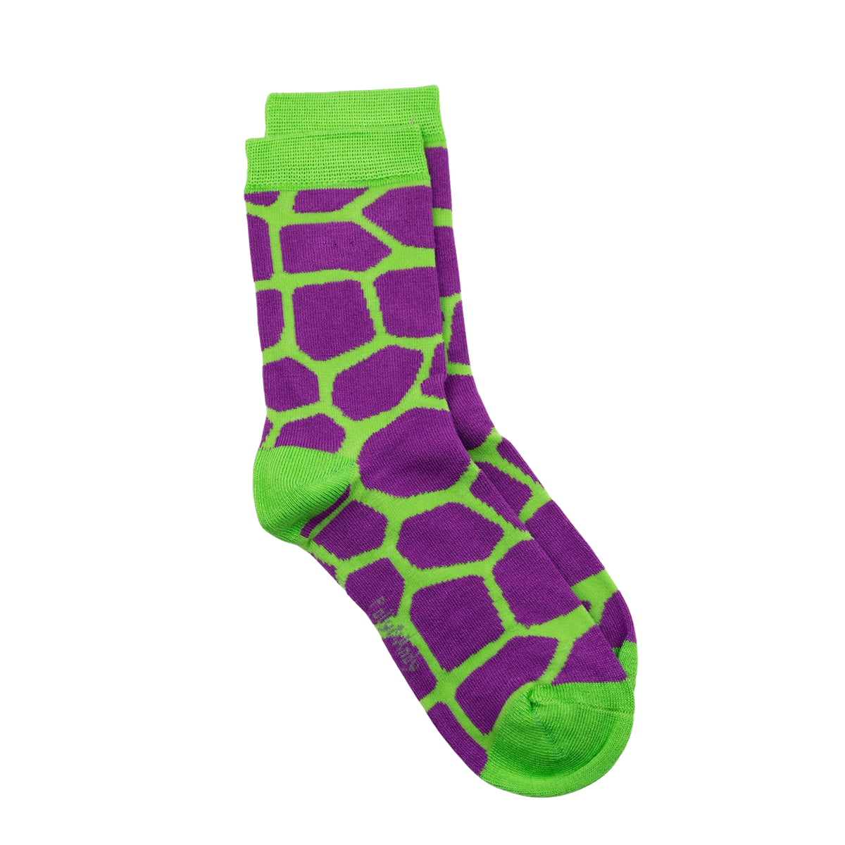 A pair of seamless bamboo crew socks featuring a purple and bright green giraffe-like spot pattern, with solid green ribbed cuffs, heels, and toes, displayed on a clean white background.