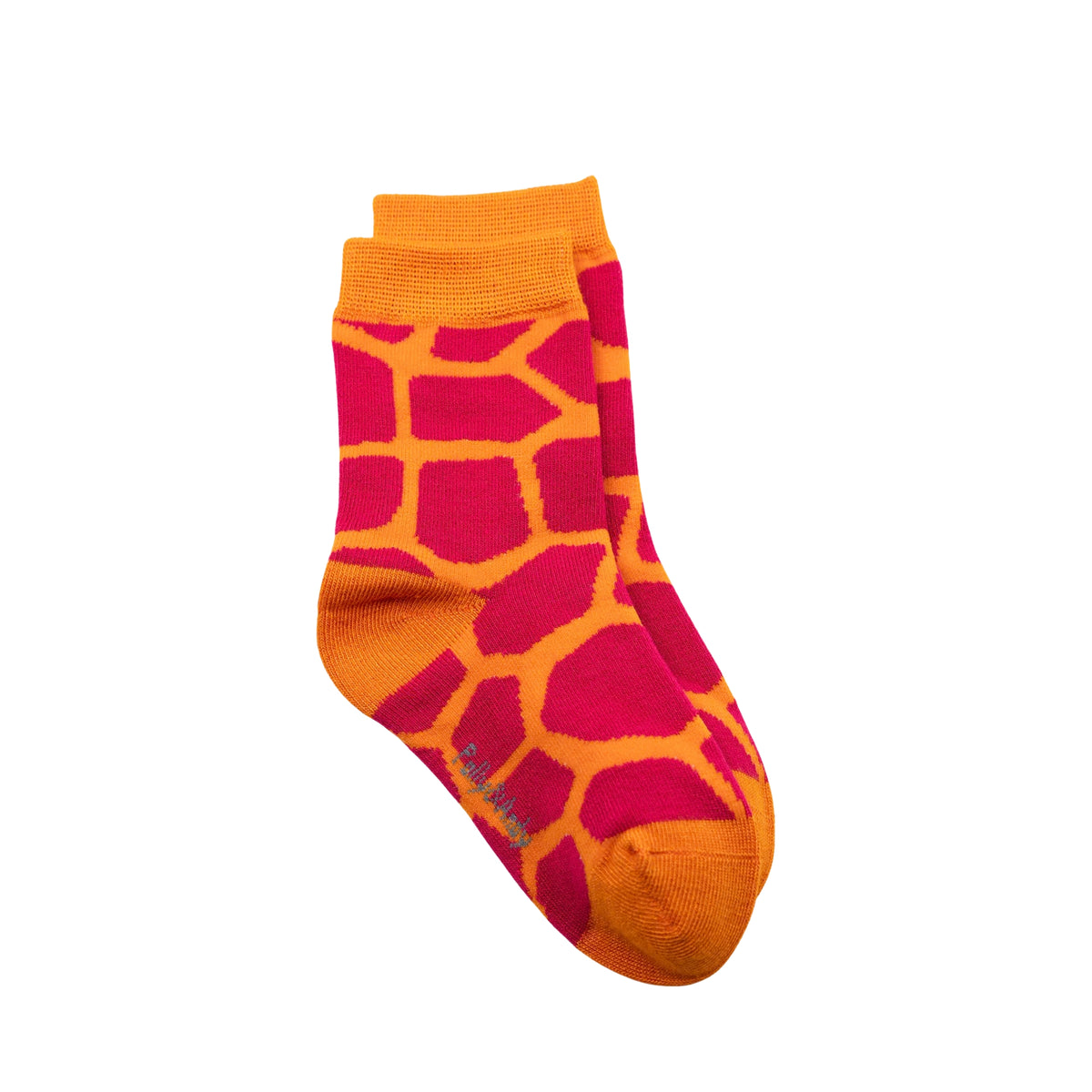 A pair of kids crew bamboo seamless socks featuring a giraffe-inspired pattern with bright orange and red sections, shown against a plain white background.