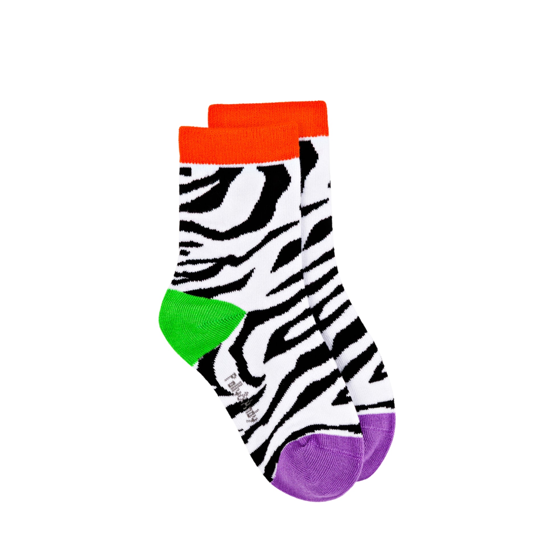 Zebra pattern sock with orange cuff, green foot, and purple toe on a white background