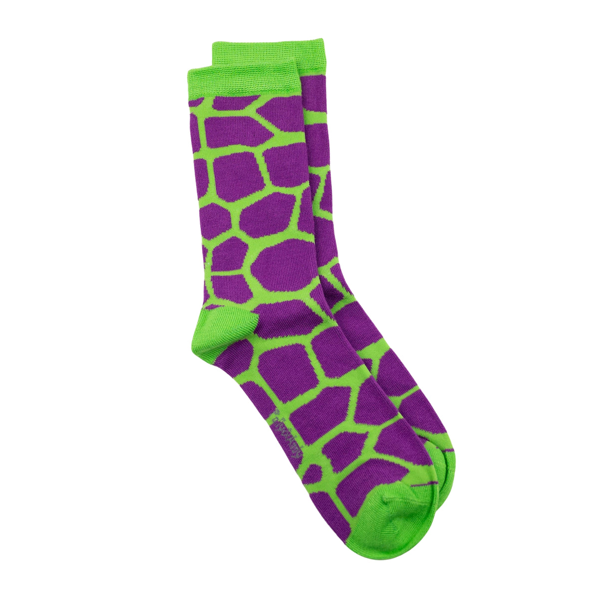 A pair of seamless bamboo crew socks featuring a purple and bright green giraffe-like spot pattern, with solid green ribbed cuffs, heels, and toes, displayed on a clean white background.
