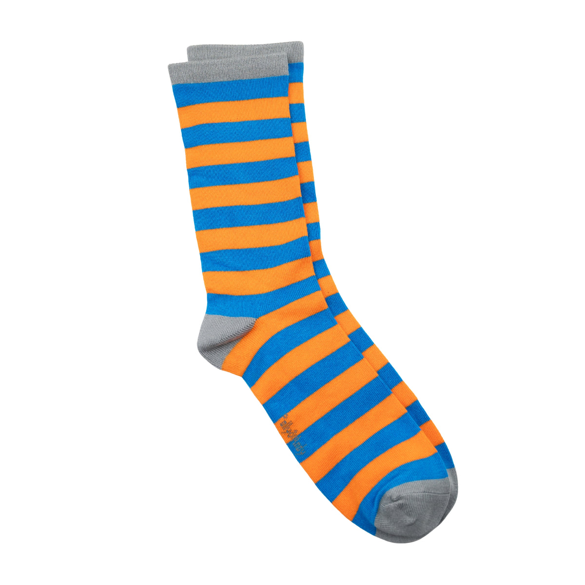 A pair of bamboo crew sock with horizontal stripes of bright blue and orange, featuring solid gray cuffs, heel, and toe, displayed against a plain white background.