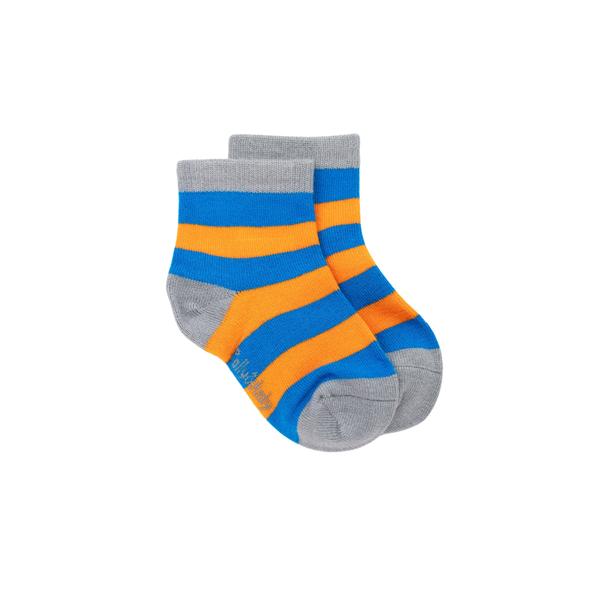 A pair of toddler crew socks with horizontal stripes in blue and orange, displayed against a plain white background.