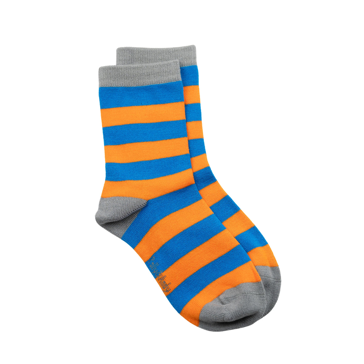 A pair of crew bamboo socks with horizontal stripes of blue, orange, and gray, displayed against a solid white background.